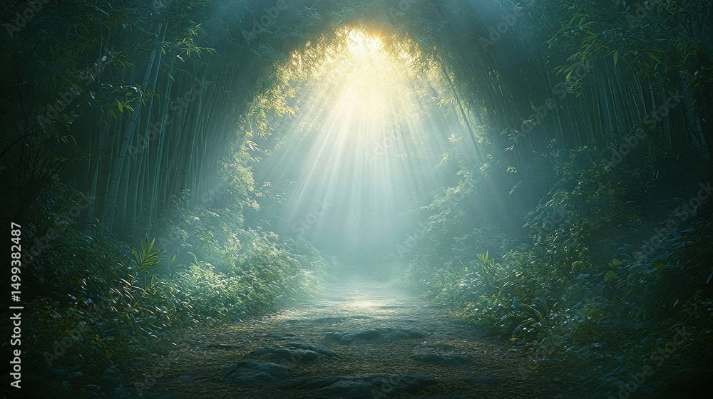 Obraz premium Sunlight Piercing Through Dense Forest Foliage Illuminating Forest Path