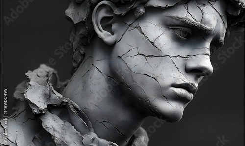 Distressed grey statue of a young man's bust with cracks and foliage details, against a dark background