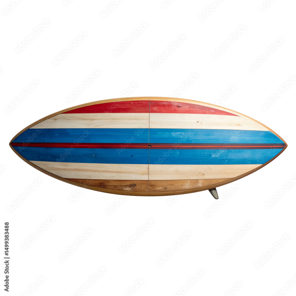 Fototapeta premium “Vintage Wooden Surfboard with Faded Stripes, isolated on white background”.PNG