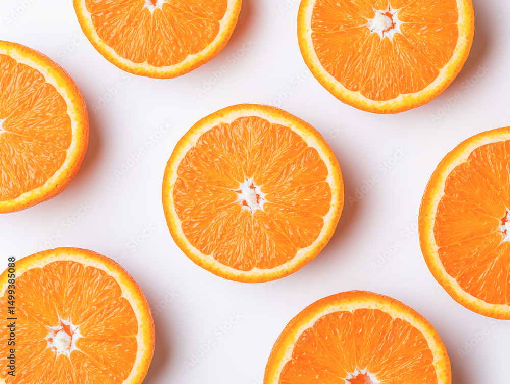 Fresh orange slices arranged neatly on a white background for vibrant presentation. Fresh orange slices arranged neatly on a white background for vibrant presentation.