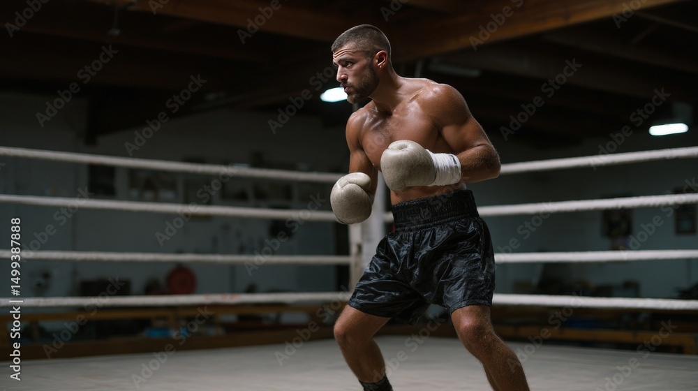 Fototapeta premium Boxer Practicing Punches and Footwork in Old School Gym Setting