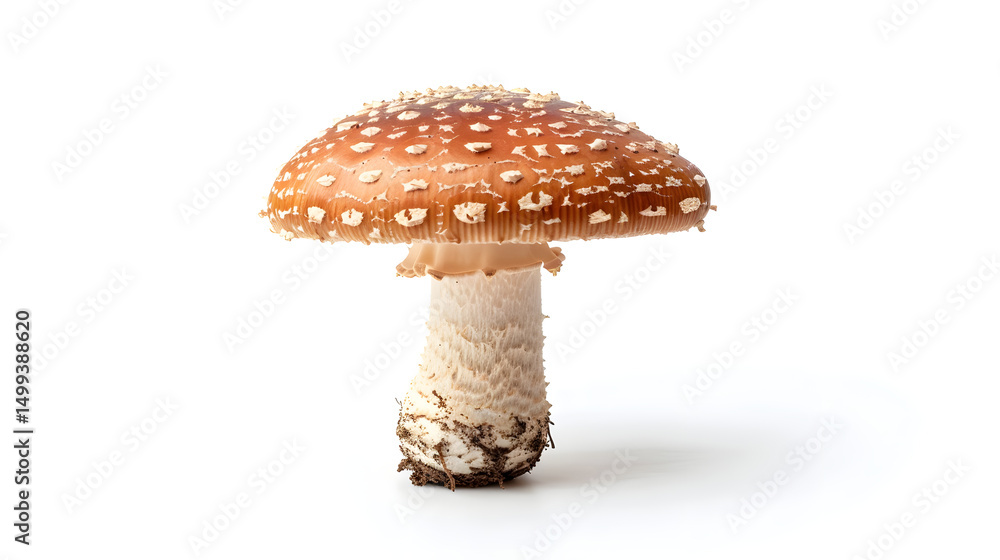 Obraz premium Rounded mushroom with thick cap and short white stem placed on white background, perfect for wild fungi and botanical themes.