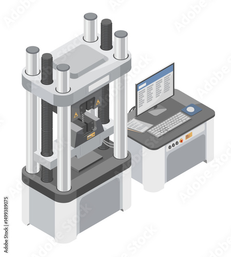 Isometric steel test lab machine connected to a computer for analyzing tensile and compressive strength of metal samples in industrial quality control processes