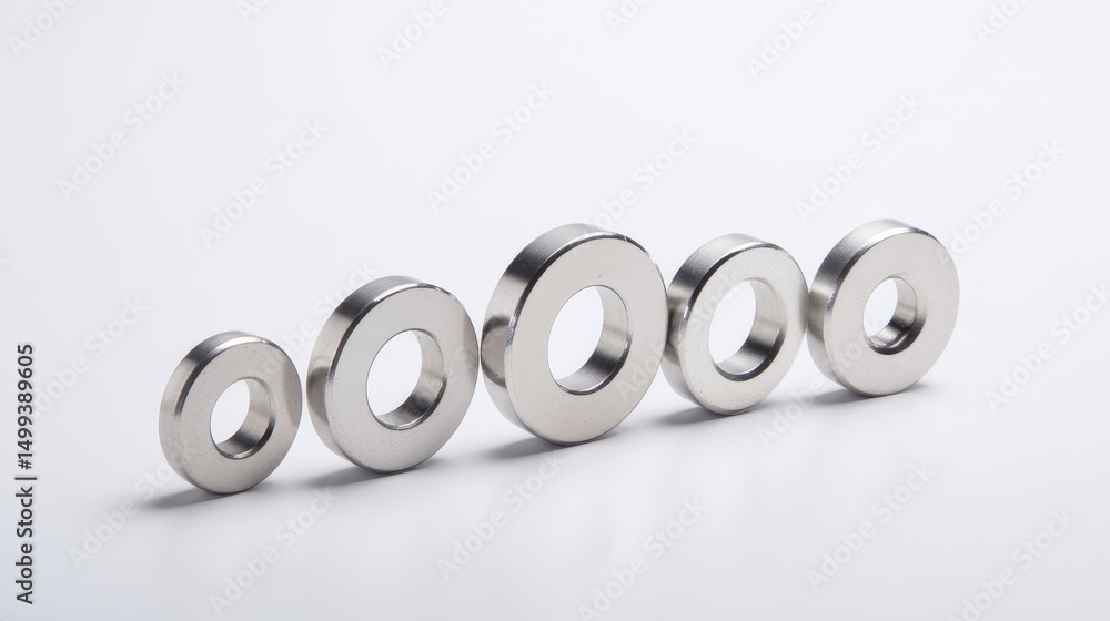 Assorted magnet flat washers in various sizes isolated on white background. Professional product photography for industrial hardware and DIY components Assorted magnet flat washers in various sizes isolated on white background. Professional product photography for industrial hardware and DIY components
