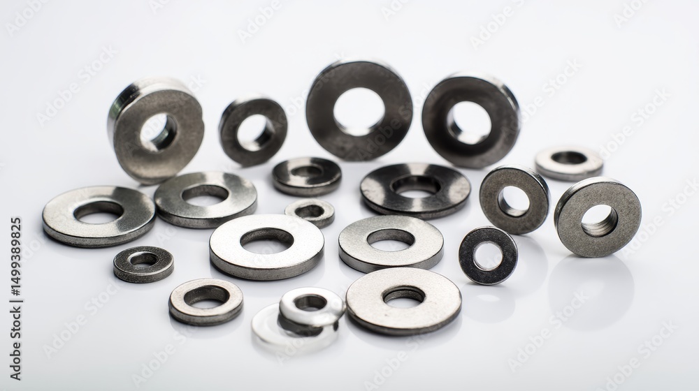 Assorted metal washers in various sizes and shapes including flat and round designs, isolated on white background. Hardware components for fastening and industrial applications Assorted metal washers in various sizes and shapes including flat and round designs, isolated on white background. Hardware components for fastening and industrial applications
