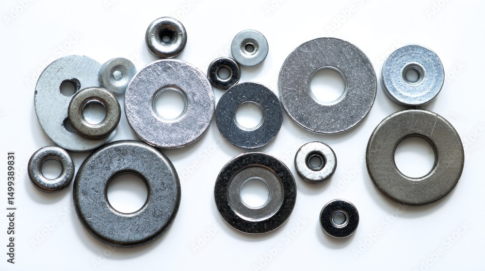 Assorted metal washers in various sizes and shapes including flat and round designs, isolated on white background. Hardware components for fastening and industrial applications Assorted metal washers in various sizes and shapes including flat and round designs, isolated on white background. Hardware components for fastening and industrial applications