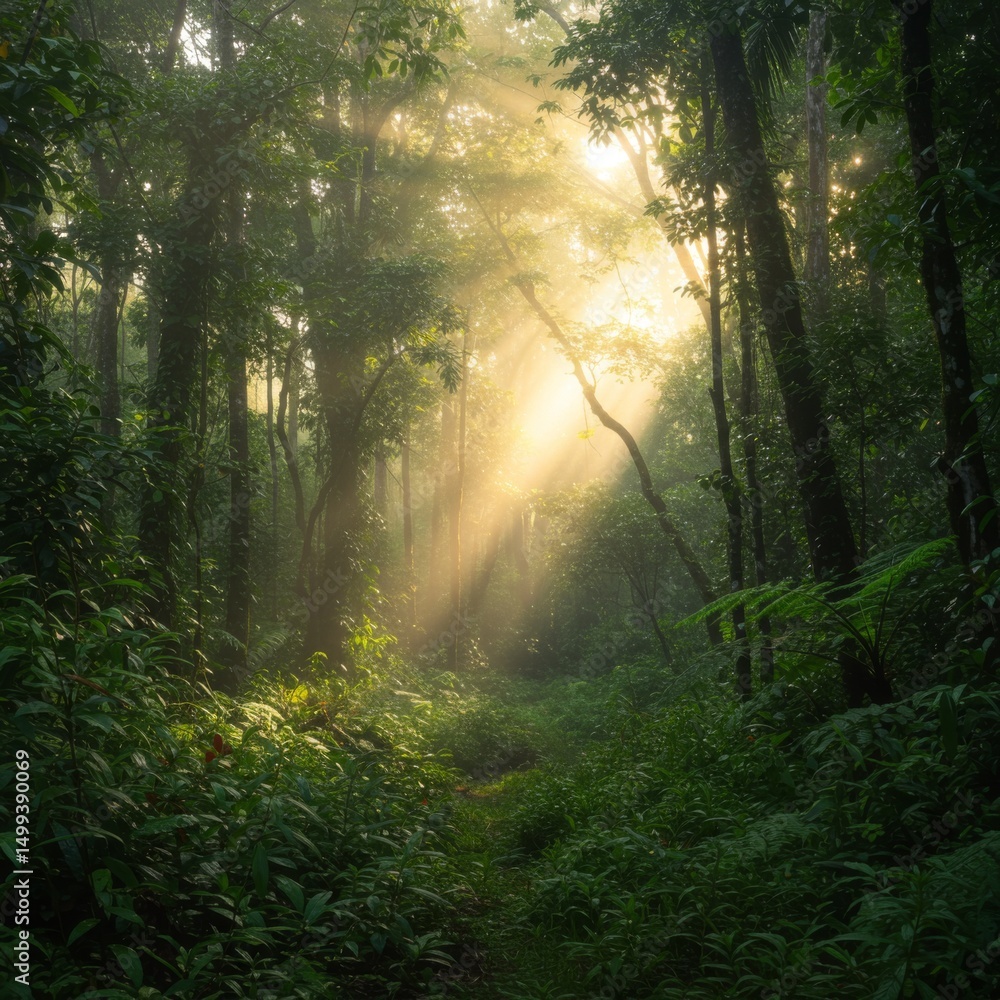 Obraz premium Sunbeams Illuminate Lush Green Forest Path