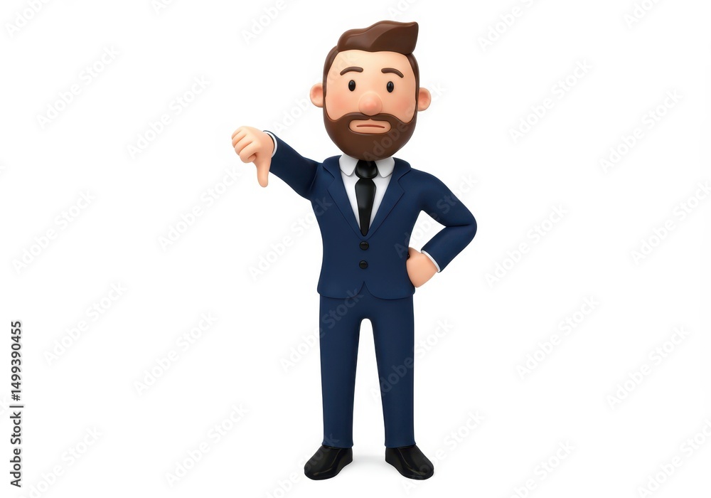 3D Illustration of Cartoon businessman giving thumbs down gesture in a suit isolated on white background looking disappointed 3D Illustration of Cartoon businessman giving thumbs down gesture in a suit isolated on white background looking disappointed