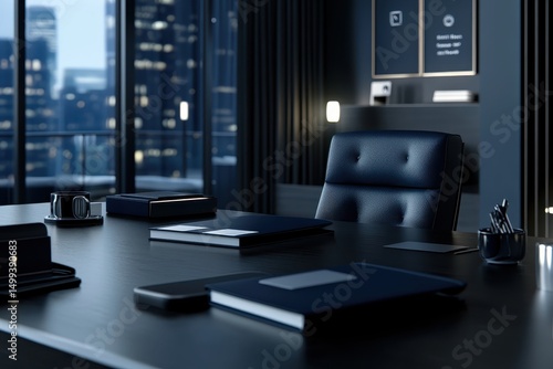 Dark, modern office with city view at night; desk with documents and leather chair
