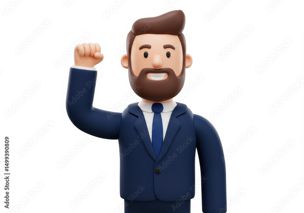 3D Illustration of Cartoon businessman in suit raising fist in celebration isolated on white background, expressing success and achievement 3D Illustration of Cartoon businessman in suit raising fist in celebration isolated on white background, expressing success and achievement