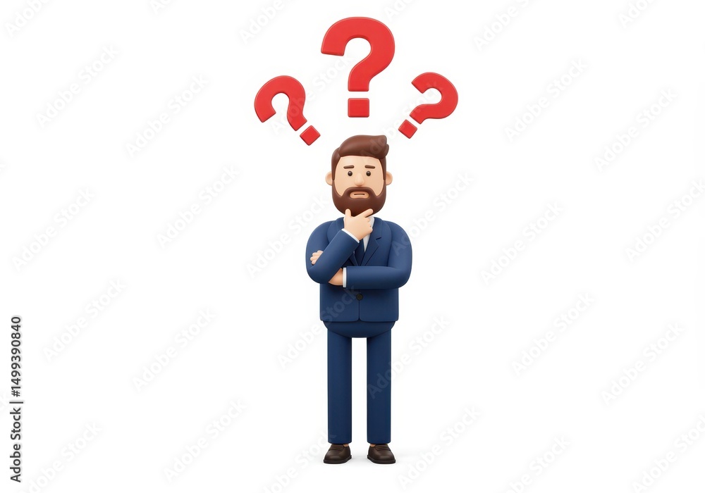 3D Illustration of Cartoon businessman in suit standing and thinking with red question marks above his head isolated on white background