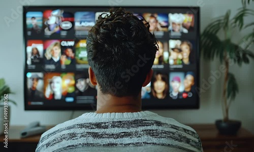 Man watching diverse content on a large screen TV.
