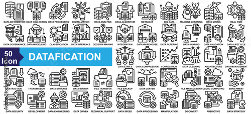 "Datafication" icon collection set. Data Information, Data Collection, Data Processing, Digitalization, Data Analysis icon. Simple line vector.