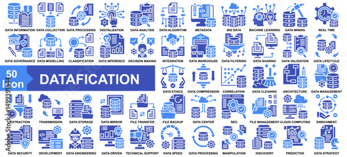 "Datafication" icon collection set. Data Information, Data Collection, Data Processing, Digitalization, Data Analysis icon. Simple Glyph Color vector.