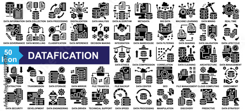 "Datafication" icon collection set. Data Information, Data Collection, Data Processing, Digitalization, Data Analysis icon. Simple Glyph vector.