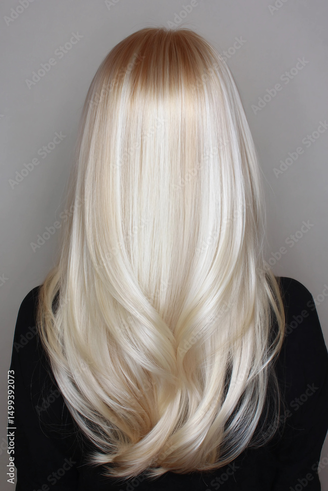 Naklejka premium A woman with long blonde hair is wearing a black shirt