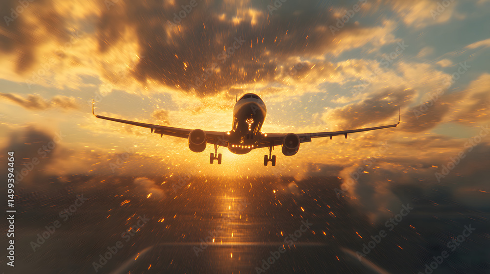 Fototapeta premium Airplane landing at sunset, low angle view of a commercial jetliner approaching the runway during golden hour, with motion blur effect on the tarmac. : Generative AI