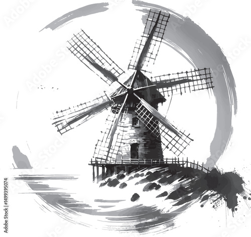 Artistic depiction of a traditional windmill in monochrome, surrounded by a serene coastal environment with natural grasses and a reflective ambiance.