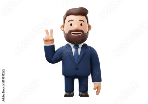 3D Illustration of Cartoon businessman in suit giving peace sign isolated on white background with a cheerful and positive attitude