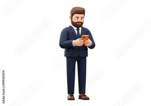 3D Illustration of Cartoon businessman in a suit using a smartphone isolated on white background looking at the screen