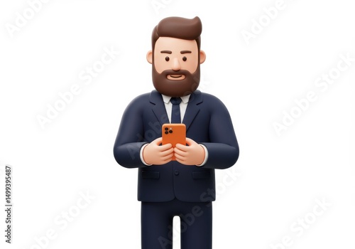 3D Illustration of Cartoon businessman in suit holding orange smartphone isolated on white background looking at the device