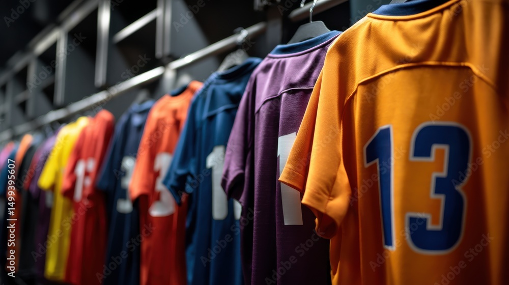 Obraz premium A High Resolution image of sports T-shirts with Numbers Hanging, Await Athletes in Football Locker Room, Ready for Action Game and Team Unity in Sports. Colorful Sport jersey hanging on.