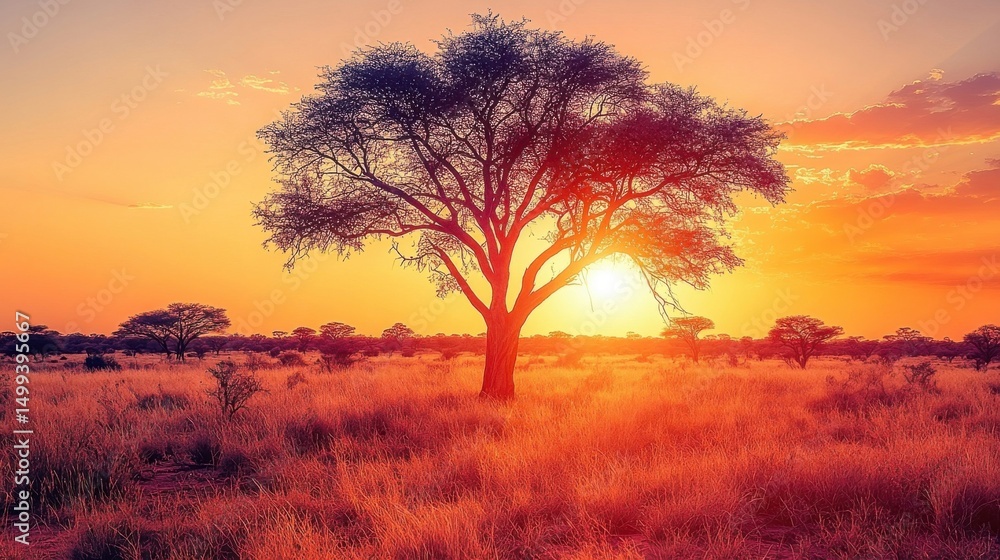 Fototapeta premium Lone Tree Silhouetted Against Vibrant Sunset Sky in African Savanna