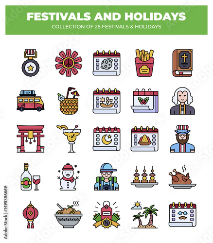 Collection of 25 Festivals and Holidays. Colorful Icons and Symbols