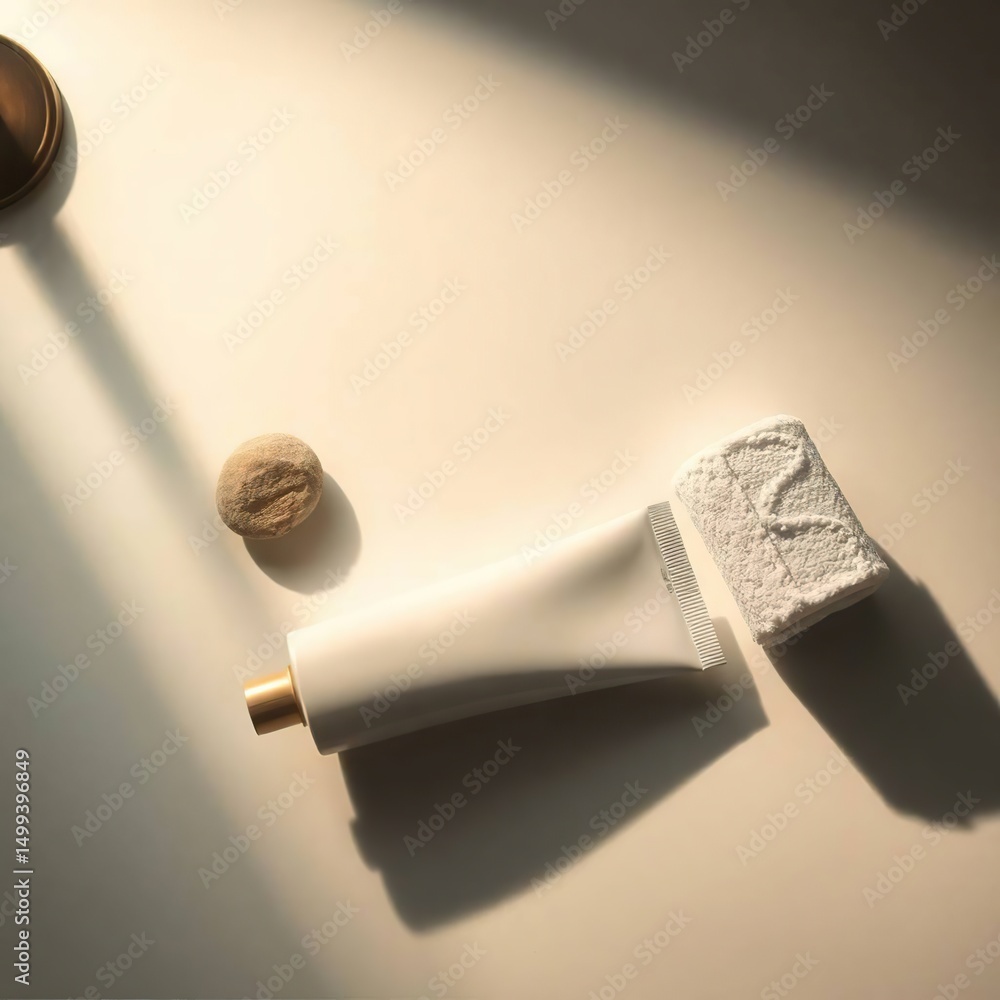 Dramatic Lighting on Spa Products Cosmetic Tube, Towel, and Stone Dramatic Lighting on Spa Products Cosmetic Tube, Towel, and Stone