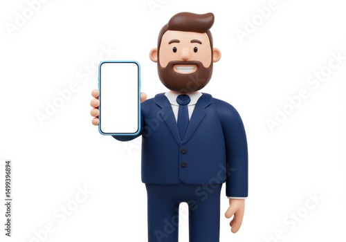3D Illustration of Cartoon businessman in suit holding smartphone with blank screen isolated on white background
