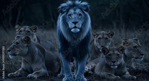 Fototapeta na wymiar Lion, Lions, Pride, Majestic Lion Pride at Dusk