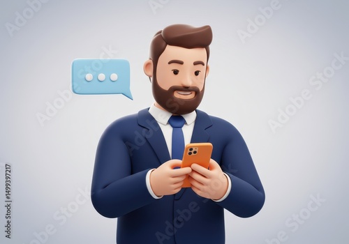3D Illustration of Cartoon businessman using smartphone with speech bubble isolated on white background