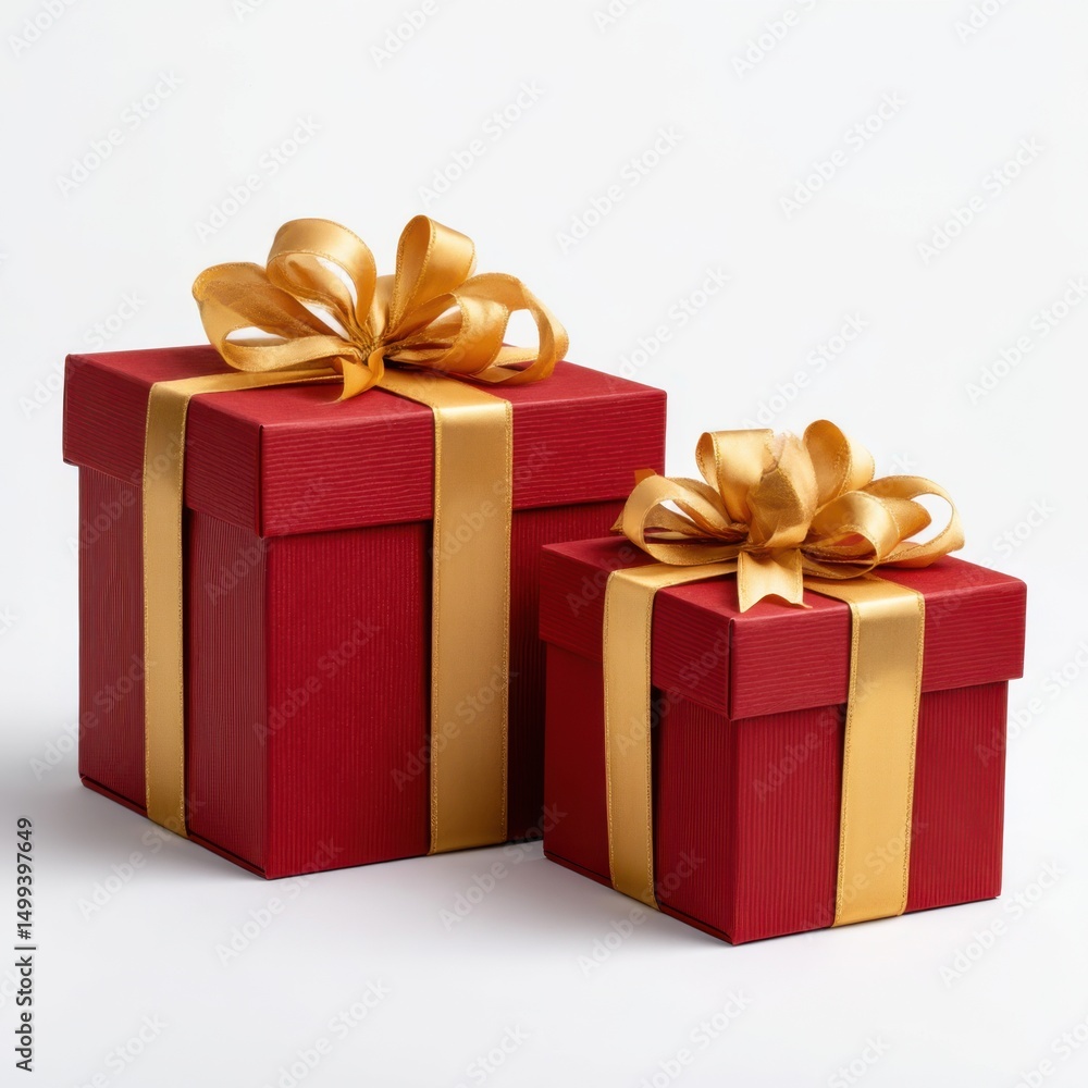 Obraz premium Two red gift boxes with gold ribbons