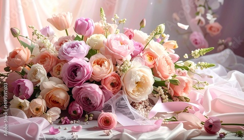 淡いピンクのハーモニー：夢見るような花束にパールを添えてCustom AI Model