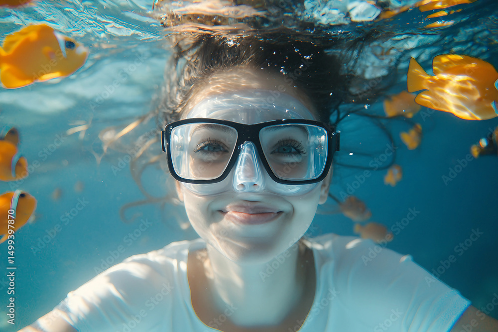 Naklejka premium Generative AI image of underwater diver snorkeling with clownfish and vibrant marine life exploring coral reef in clear tropical ocean