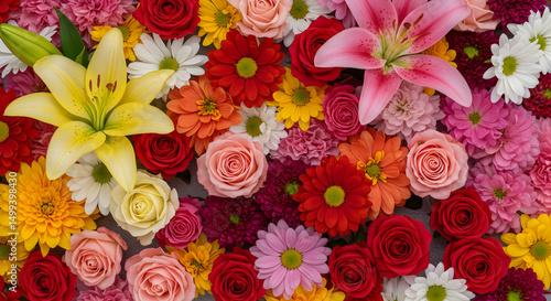 Flowers, Bouquet, Floral, Vibrant Floral Arrangement A Colorful Bouquet of Lilies, Roses, and Chrysanthemums