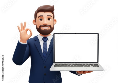 3D Illustration of 3d cartoon businessman holding laptop with blank screen and making ok sign isolated on white background