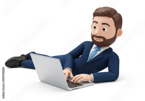 3D Illustration of Cartoon businessman in a blue suit lying down while working on a laptop isolated on white background