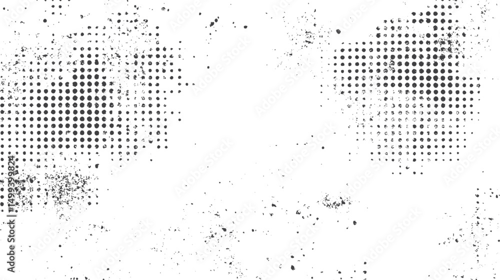 Halftone distressed overlay with rough textures. Abstract dotted pattern with grain effects. Black and white grunge dot vector texture.