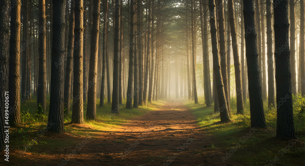 Fototapeta premium Forest, Pine forest, Trees, Sunlit Path Through Misty Pine Forest