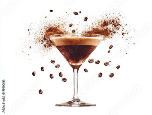 Delicious espresso martini cocktail in a martini glass with coffee beans and cocoa powder isolated on white background