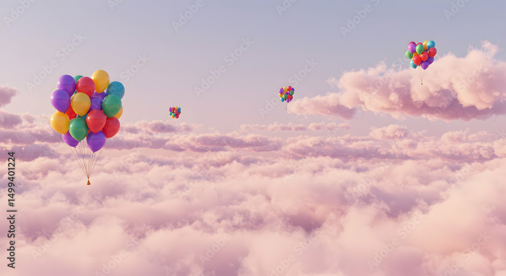 Fototapeta premium Balloons, Colorful balloons, Pink clouds, Colorful Balloons Floating Above Pink Clouds