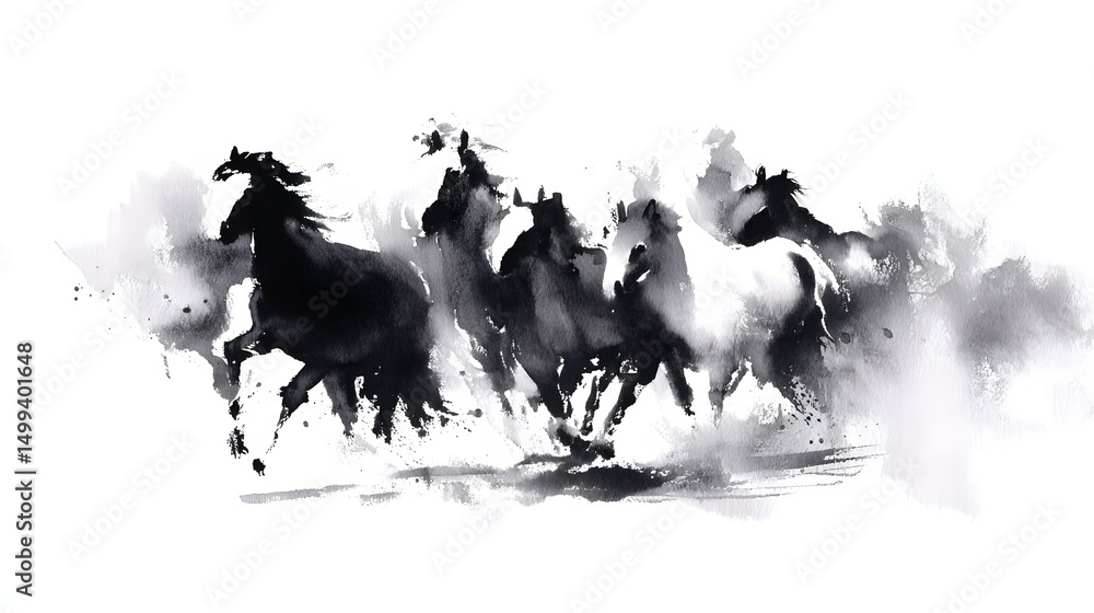 Obraz premium watercolor painting Silhouette of running horses