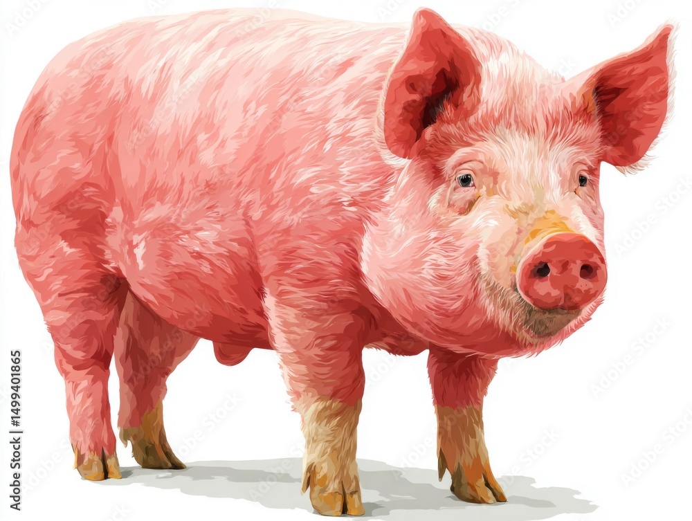 Fototapeta premium Pink Pig Portrait Against White Background