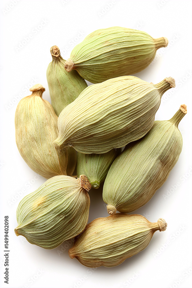 custom made wallpaper toronto digitalGreen Cardamom Pods: Aromatic green cardamom pods, a spice prized for its warm, sweet, and slightly citrusy flavor, are arranged against a clean white background.