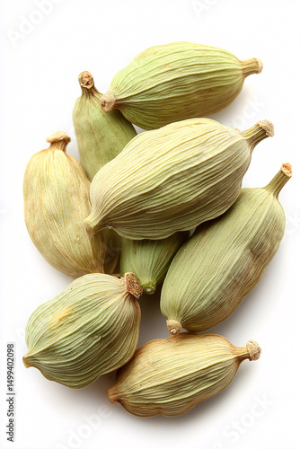 Wallpaper Mural Green Cardamom Pods: Aromatic green cardamom pods, a spice prized for its warm, sweet, and slightly citrusy flavor, are arranged against a clean white background. Torontodigital.ca