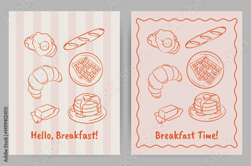Set of hand drawn breakfast greeting cards with doodle food illustrations. Retro posters of coffee, pancakes, waffles, croissants, and eggs. Whimsical morning meal art for café decor, Invitations.