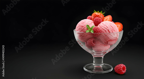 Ice cream, Strawberry ice cream, Raspberry ice cream, Delicious Strawberry and Raspberry Ice Cream in Glass Bowl