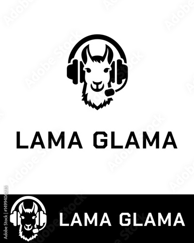 A creative logo design featuring a stylized llama wearing a headset with a microphone in black and white 