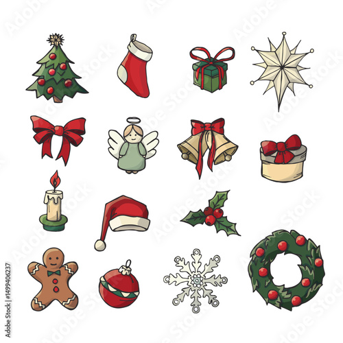 Festive Christmas Icons Vector Illustration Set